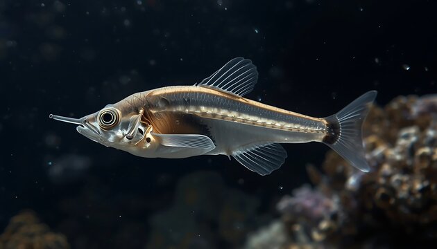 A unique and slender snipefish swimming gracefully in dark blue water near coral, showcasing its distinct long snout.