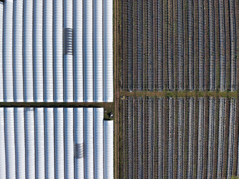 Aerial view of stark contrasts as sunlight gleams off the pristine white roofs of industrial buildings, juxtaposed against aged, weathered structures, Stafford, England, United Kingdom.