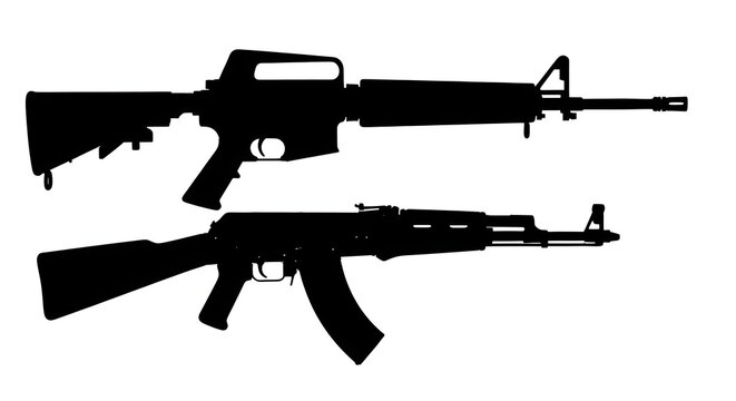 Modern assault rifle and submachine gun isolated on white background - 3D generated AI weapon illustration