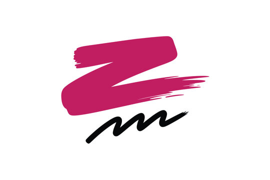 A bold pink brushstroke forming the letter z is positioned above a black scribbled signature