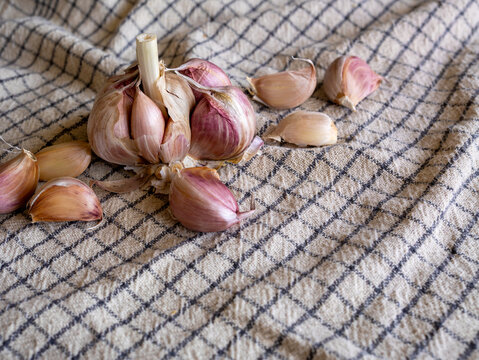 Fresh garlic cloves on rustic kitchen cloth