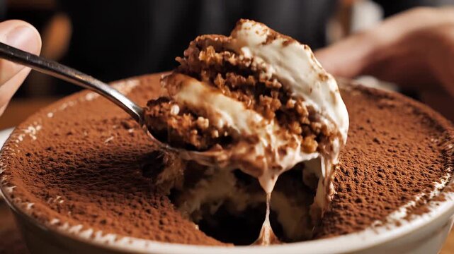 Person taking a scoop of delicious tiramisu with a spoon