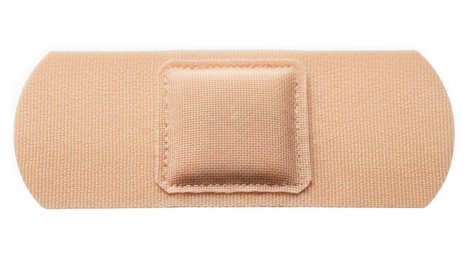 Closeup of a beige fabric bandage with a small square patch in the center on transparent background