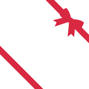 A vibrant red ribbon forms a decorative bow and diagonal stripes against a clean white background