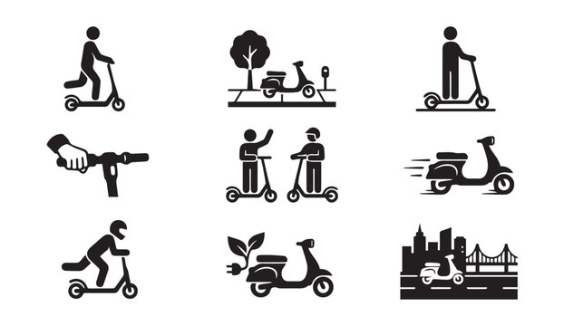 Electric scooter and e-bike lifestyle icons silhouette with e bike