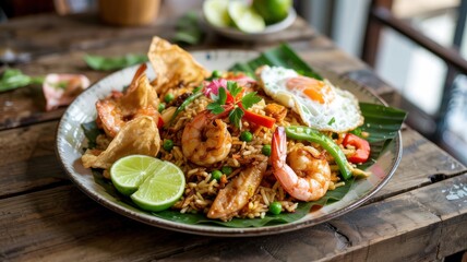 Indonesian cuisine. Nasi Goreng is the most famous national dish of Indonesia. Fried rice with shrimp, chicken, vegetables and eggs. It is often served with shrimp chips (krupuk).