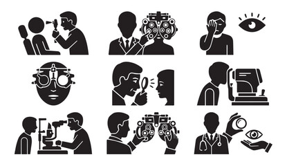Eye exam and vision care icons: optometrist, eyeglasses, sight tests, eye chart © Vector Galaxy
