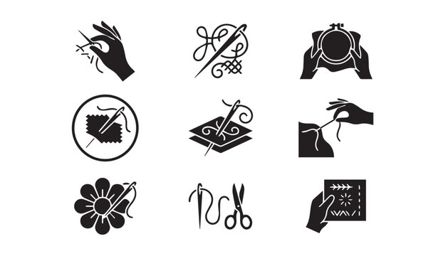 Sewing and embroidery icons: needle, thread, fabric and craft symbols