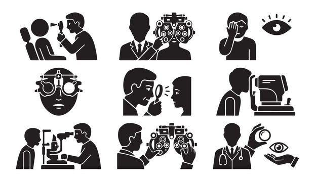 Eye exam and vision care icons: optometrist, eyeglasses, sight tests, eye chart