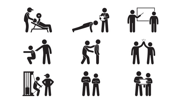Personal training & coaching icons. fitness instructor and teamwork vector set