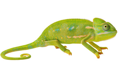 Vibrant green veiled chameleon with curled tail and textured skin, isolated on transparent background for wildlife projects © Cristian