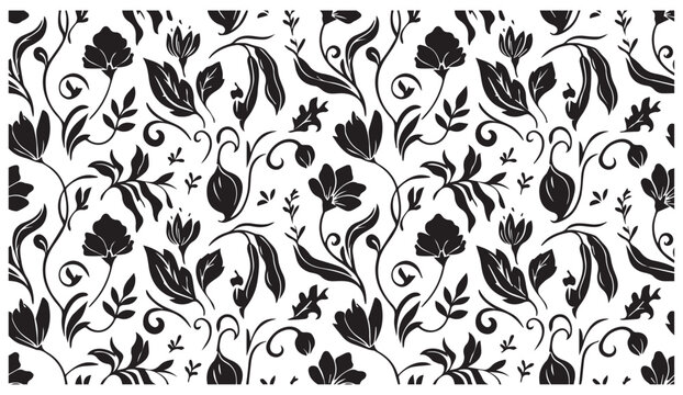 Seamless monochrome floral pattern with hand-drawn stylized flowers