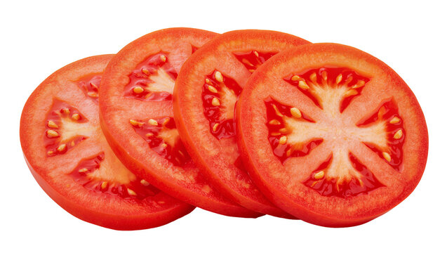 Fresh red tomato slices neatly stacked, isolated on transparent background