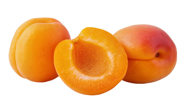 Three orange apricots one half with pit, isolated on transparent background