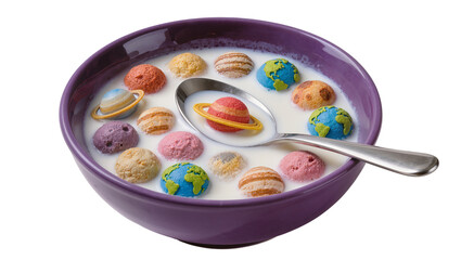 Planet cereal in milk spoon in purple bowl, isolated on transparent background © Cristian