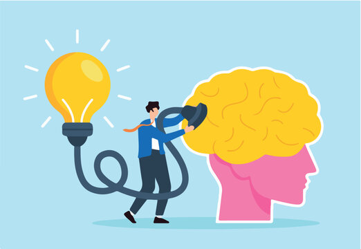 Flat illustration of businessman connect lightbulb idea plug to human brain symbolizing creativity and innovation