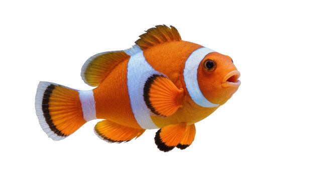 Bright orange and white striped marine clownfish with black-tipped fins, isolated on transparent background for aquatic themes