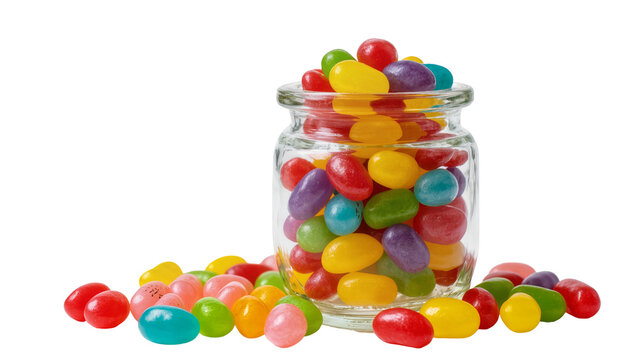 Jelly beans in glass jar spilled, isolated on transparent background