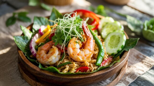 Indonesian cuisine. 
Nasi Udang (rice with shrimp) in a warm salad format. This dish combines the richness of fried rice and the freshness of vegetables.