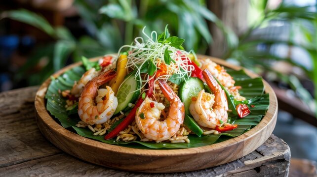 Indonesian cuisine. 
Nasi Udang (rice with shrimp) in a warm salad format. This dish combines the richness of fried rice and the freshness of vegetables.
