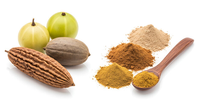 Traditional triphala ayurvedic herbal formulation with whole amla, haritaki, and bibhitaki fruits and powder