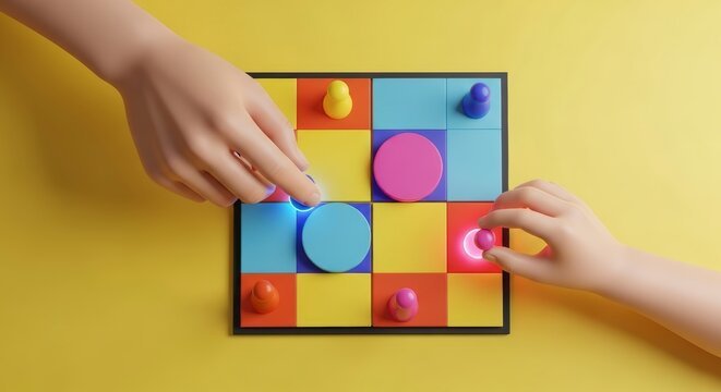 Hands playing colorful strategy board game.