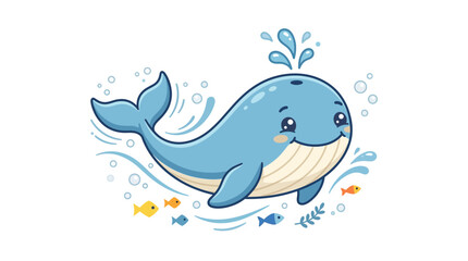 Fototapeta premium Smiling Cartoon Blue Whale Swimming Underwater.