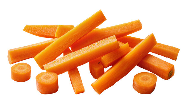 Peeled orange carrots cut into sticks and round slices, isolated on transparent background