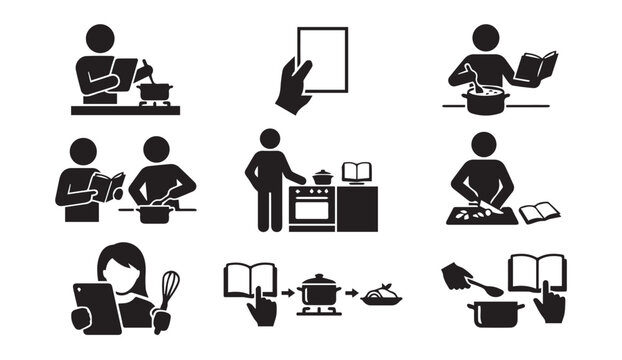 Cooking with recipes and food preparation process instructions icon set