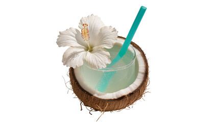 Coconut half shell drink with white hibiscus flower and teal straw, isolated on transparent background © Cristian
