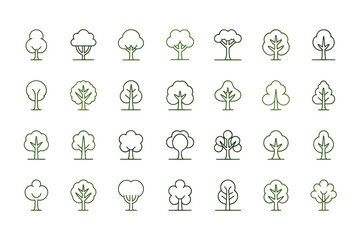 Obraz premium A collection of simple green line art trees in various shapes and sizes on a white background