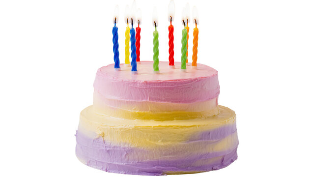 Colorful two-tier birthday cake with lit candles, isolated on transparent background