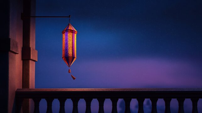 Traditional colorful paper kandil hanging on a balcony swaying in breeze