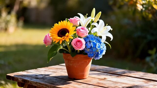 Flower arrangement in terracotta pot
