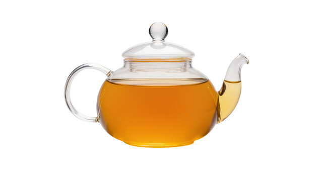 Transparent glass teapot with amber tea, isolated on transparent background