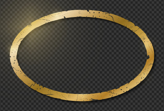 Gold shiny glowing vintage aged frame with shadows isolated on transparent background. Golden luxury realistic oval border. Old golden luxury photo frame. Vector illustration
