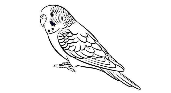 Detailed line art of a parakeet perched on a branch in black and white