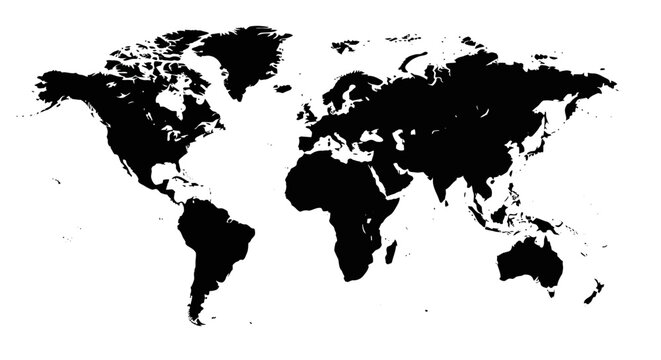 World map silhouette with global continents in bold black and white design