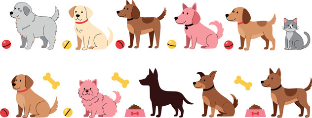 Fototapeta premium Cute Cartoon Dog Collection with Toys, Food Bowls, and Breeds like Poodle, Beagle, and More