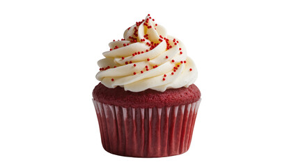 Red velvet cupcake with white frosting and red sprinkles, isolated on transparent background