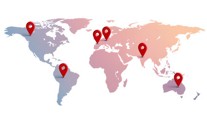 World map with red pins marking global positions, isolated on transparent background © Cristian