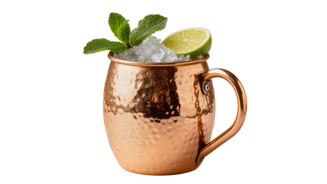 Copper mug with ice mint lime, isolated on transparent background
