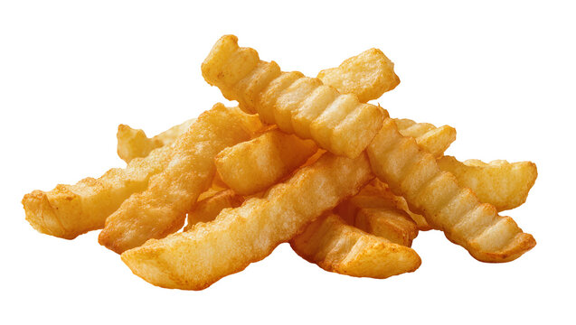 Piled golden crispy crinkle-cut french fries, isolated on transparent background for food