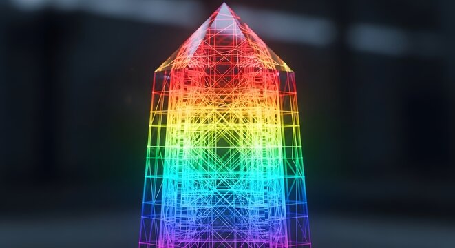 Glowing Rainbow Wireframe Pyramid Futuristic Technology Art