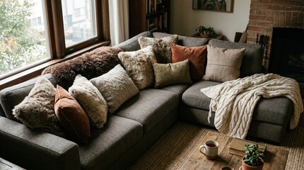 Obraz premium Gray sectional sofa with layered pillows in window corner