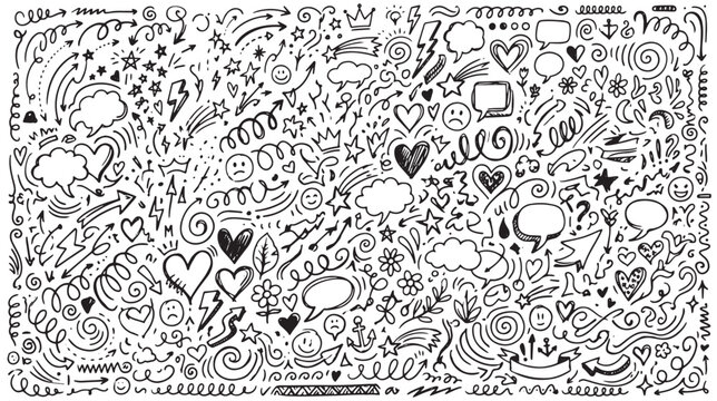 Black and white doodle illustrations, zentangle patterns, heart shapes, swirls, vector graphics