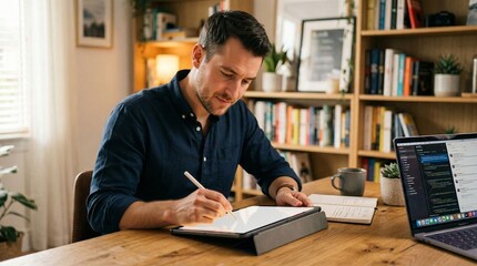 Obraz premium Focused man working digitally at home office with laptop and tablet
