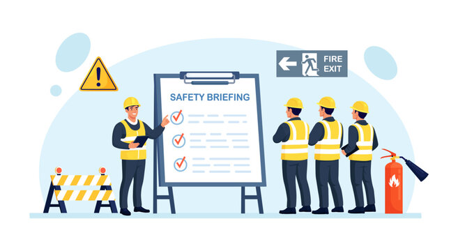 OSHA, PPE training to protect employees from health and safety hazards on the job. Industrial worker attending a safety training with a whiteboard. OSHA officer briefing workers at assembly point