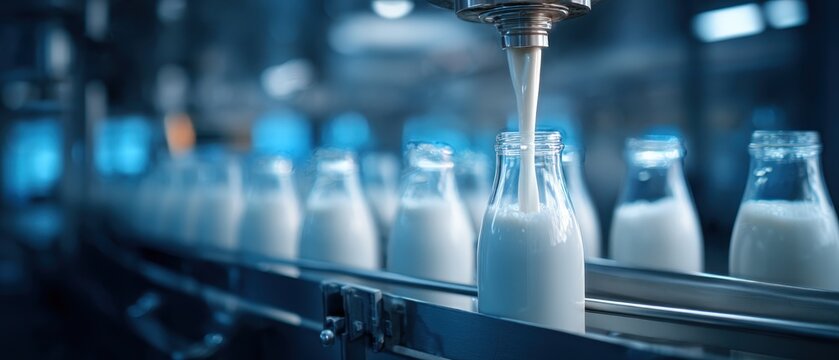  Close-up of automated dairy production line, milk pouring into glass bottles on a conveyor belt in a factory