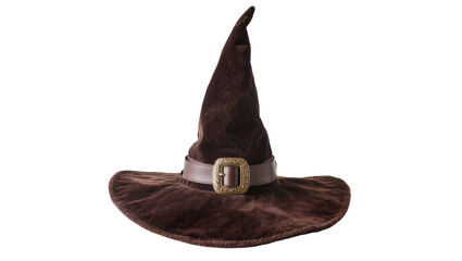 Dark brown velvet witch hat with a bronze buckle, isolated on transparent background © Cristian